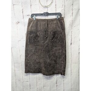 Massini Brown Genuine Leather Suede Midi Lined Skirt Drawstring Pockets Sz 12